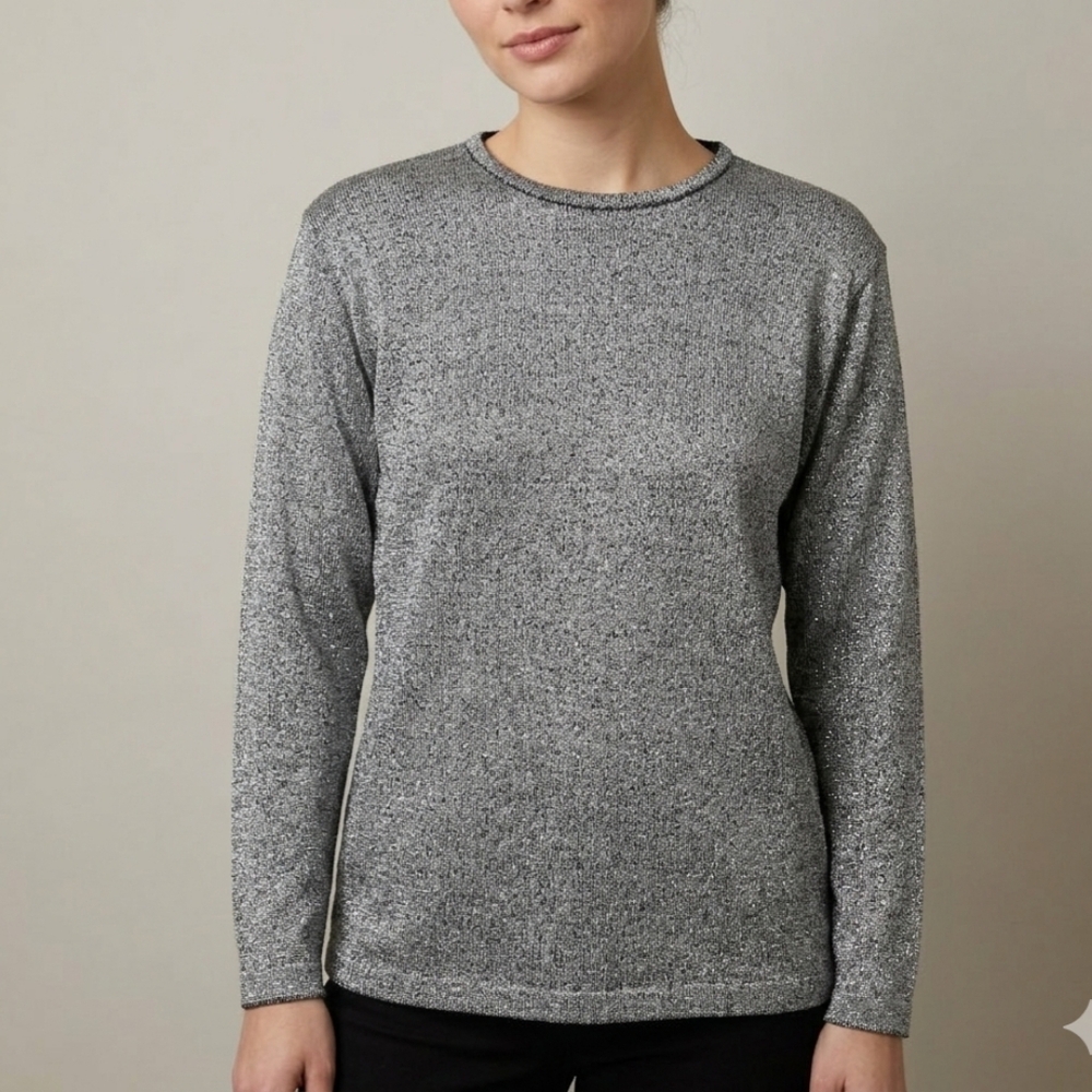 Sz S Vintage Silk Blend Como Tricot Silver & Black Crewneck Long Sleeve Sweater